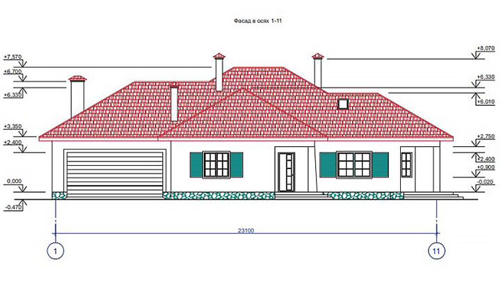 Фасад в осях проекта одноэтажного жилого дома "Kometa" (PDF)